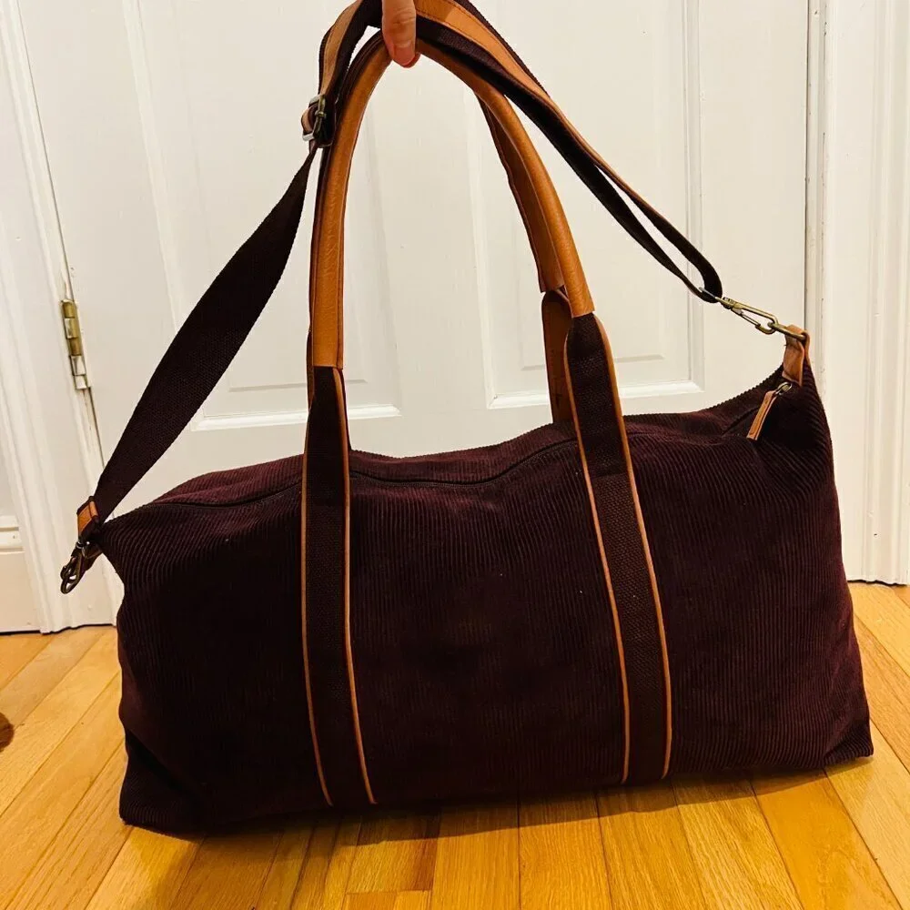 Vintage 80's 90's Corduroy and Leather Large Duffle Bag